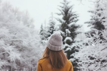 Canvas Print - back shot, woman facing snowcovered trees