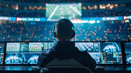 Poster - An esports professional intently studies game screens, strategizing for competitive play in an arena filled with digital displays. Professional Esports Gamer Analyzing Game Strategies

