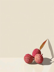 Wall Mural - Ripe lychees with leaves casting shadows on a beige background.