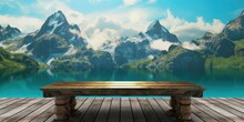 Set against the backdrop of a serene lake and majestic mountains, an empty wooden tabletop offers a tranquil space for viewers to appreciate the splendor of nature.