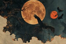Halloween Background With Full Moon And Flying Eagle,  Hand Drawn Illustration