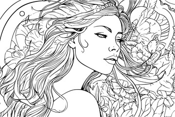 Beautiful woman drawing with ancient ornament in black and white coloring page, line style