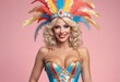 Portrait of a beautiful blonde woman in carnival costume with feathers