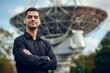 confident professional with arms crossed in front of an imposing space dish