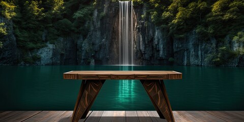 Wall Mural - Against the picturesque backdrop of a serene lake and majestic mountains, an empty wooden tabletop offers a serene space for reflection and contemplation.