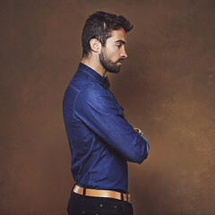 Aufkleber - Thinking, arms crossed or businessman in studio for brainstorming, solution or problem solving on brown background. Why, doubt or entrepreneur with question, memory or reflection, insight or planning