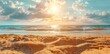 Beautiful summer background with sand and blue sky with sun