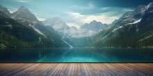 An Empty Wooden Tabletop Stands Against The Backdrop Of A Serene Lake And Majestic Mountains, Inviting Viewers To Bask In The Beauty Of Nature's Splendor.