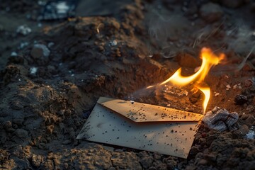 Sticker - envelope on fire lying on top of a pile of ashes