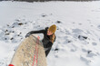 © Cavan Images - woman holding on surf board on snowy beach winter iceland