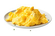 A plate featuring scrambled eggs as the main dish, with a side of chives neatly arranged next to it. The eggs are cooked to a creamy texture. Isolated on a Transparent Background PNG.