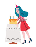 Fototapeta Pokój dzieciecy - Woman blowing out candles on cake. Female character in doodle style.