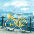 Yellow retro bike. Freehand gouache drawingn, vintage bicycle with luggage on the sea promenade.	