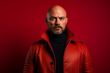 Wall Mural - Portrait of a bald man in a red jacket on a red background.