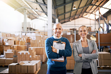 Aufkleber - Boxes, confidence and portrait of business people in warehouse with package, logistics and distribution. Export, commerce and service team at cargo storage factory with clipboard, pride and smile