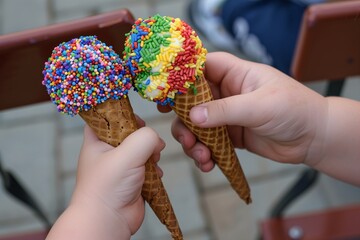 Poster - two kids hands each holding a rainbow sprinklecovered cone