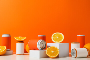 Sticker - Tin cans and oranges on orange background, space for text