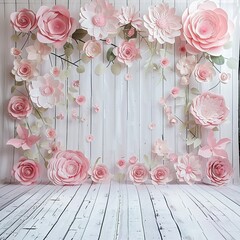 Wall Mural - Ligh pink Paper Flower White Wall Backdrop Photography And Floor. high quality, photographer background for wedding photos