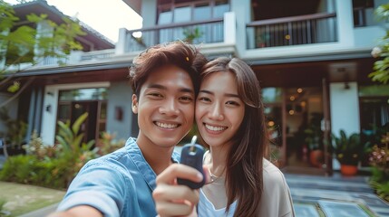 Joyful Asian Couple Excitedly Begin New Chapter at Their Modern Dream Home
