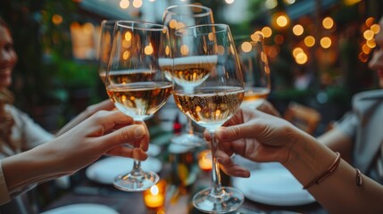 Wall Mural - A group of people are celebrating with glasses of wine. Dinner Party