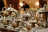 Fototapeta Łazienka - silver coffee service set on a buffet with a person serving in the background