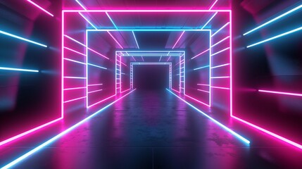 Wall Mural - A perspective view of a corridor illuminated by vibrant neon lights, creating a futuristic atmosphere.
