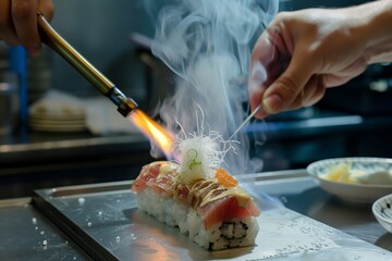 Poster - hand torching a piece of aburistyle sushi