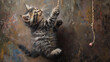 A beautifully detailed digital painting of a kitten reaching for a toy, blending realism with artistic brush strokes