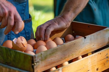 Wall Mural - farmer collecting fresh eggs in a wooden egg box