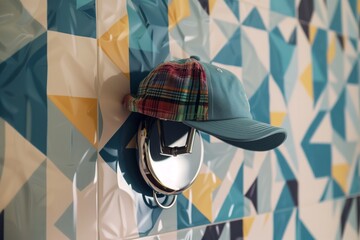 snapback hat on a round chrome hook on a wall with geometric wallpaper