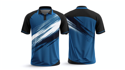 blue jersey mockup design with black short sleeves front and back isolated on white background