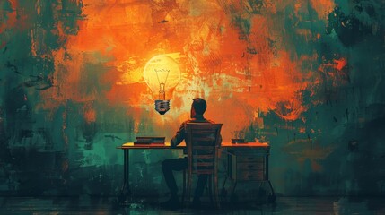 Wall Mural - Idea: A person sits at a desk, deep in thought