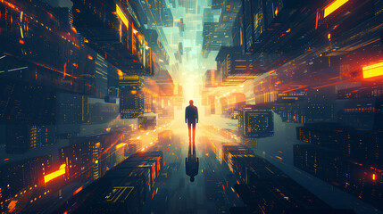 Poster - A man is walking through a city with tall buildings and bright lights. The scene is surreal and gives off a feeling of being in a dreamlike state