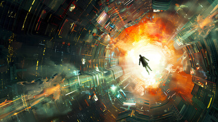 Poster - A man is walking through a city with tall buildings and bright lights. The scene is surreal and gives off a feeling of being in a dreamlike state