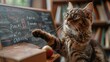 Teacher Cat in the Classroom: Visualize a cat standing on its hind legs, wearing glasses and pointing with a paw to a chalkboard, on a pastel violet background.