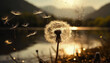A closeup image of a dandelion and its seed flying away near a lake at sunset. 