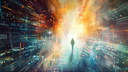 Poster - A man is walking through a city with tall buildings and bright lights. The scene is surreal and gives off a feeling of being in a dreamlike state