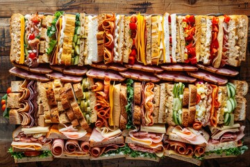 Wall Mural - A top-down view of a large platter filled with sandwiches on a wooden table