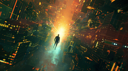 Poster - A man is walking through a city with tall buildings and bright lights. The scene is surreal and gives off a feeling of being in a dreamlike state
