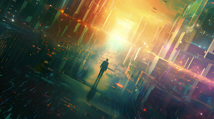 Poster - A man is walking through a city with tall buildings and bright lights. The scene is surreal and gives off a feeling of being in a dreamlike state
