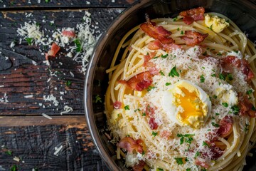 Wall Mural - A bowl filled with spaghetti topped with crispy bacon, fried eggs, and grated parmesan cheese