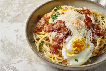 Wall Mural - A bowl filled with spaghetti topped with crispy bacon, eggs, and grated parmesan cheese