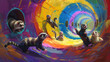 Dynamic and vivid artwork of ferrets on an adventure in a psychedelic, abstract tunnel of colors