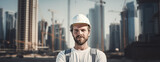 Fototapeta Miasto - Male builder standing proudly with project plans in hands, white helmet on his head, In the background building place area, building machines. AI Generative.