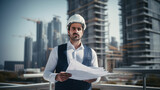 Fototapeta Niebo - Male builder standing proudly with project plans in hands, white helmet on his head, In the background building place area, building machines. AI Generative.