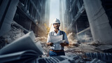 Fototapeta Niebo - Male builder standing proudly with project plans in hands, white helmet on his head, In the background building place area, building machines. AI Generative.