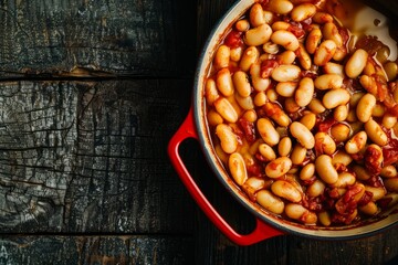 Sticker - A pot filled with beans sits on a rustic wooden table, capturing a Southern home style aesthetic