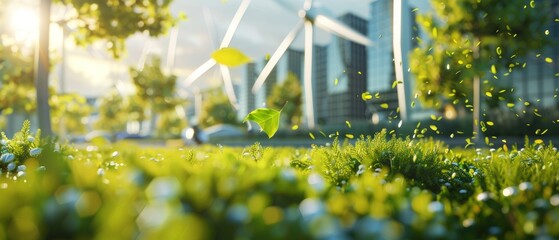 Poster - In smart city, there is a wind turbine farm and a green leaf blower to generate renewable energy. It is a sustainable, and environmentally friendly technology.