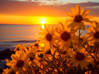 Wall Mural - Golden sunset backlighting wildflowers on a tranquil ocean shoreline