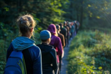 Wall Mural - line of people on a morning mindfulness walk through trails